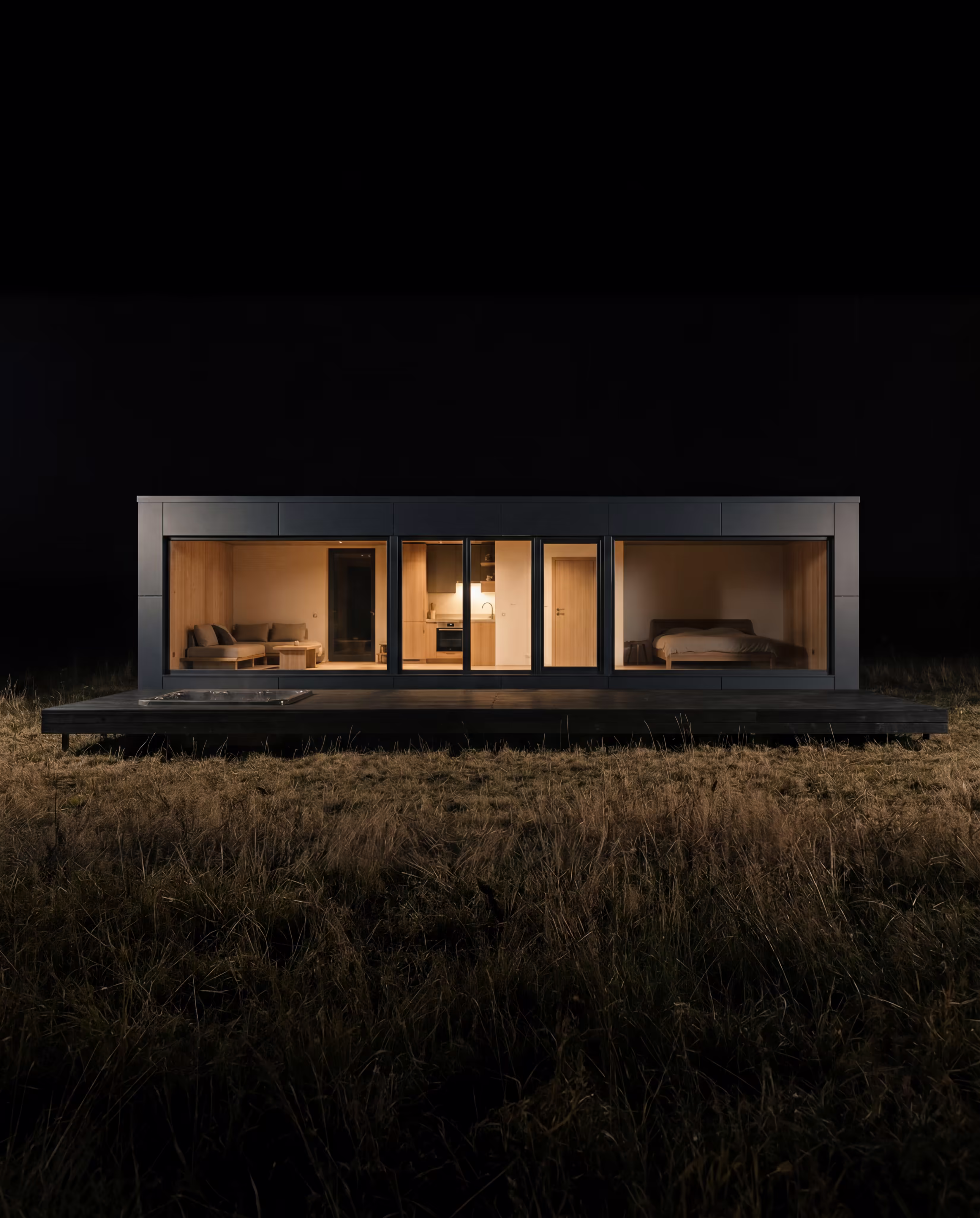 Moon Cabin in a forest setting at dusk